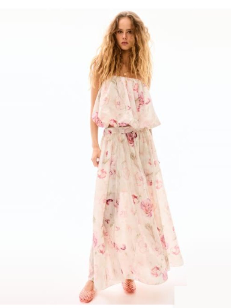 H&M Cream/Pink Floral Voluminous Maxi Skirt L